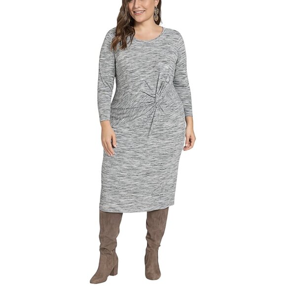LUSH Women's Gray Marled 3/4 Sleeve Twist Knot Knitted Midi Dress — Size L - Picture 6 of 9